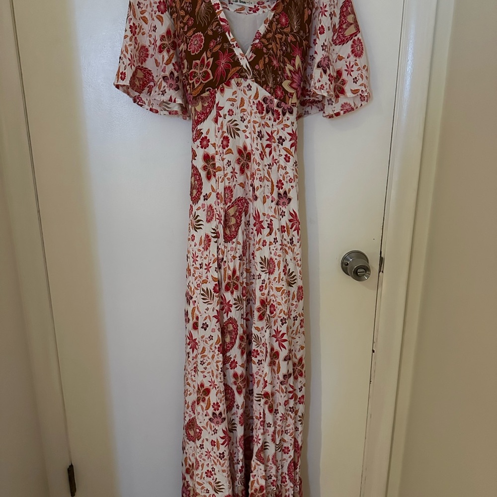 White and Brown Flutter Sleeve V-Neck Sundress